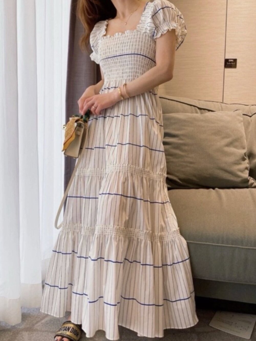 Tory Burch White Maxi Dress with Blue Stripes Smocked Size Medium- Worn Twice